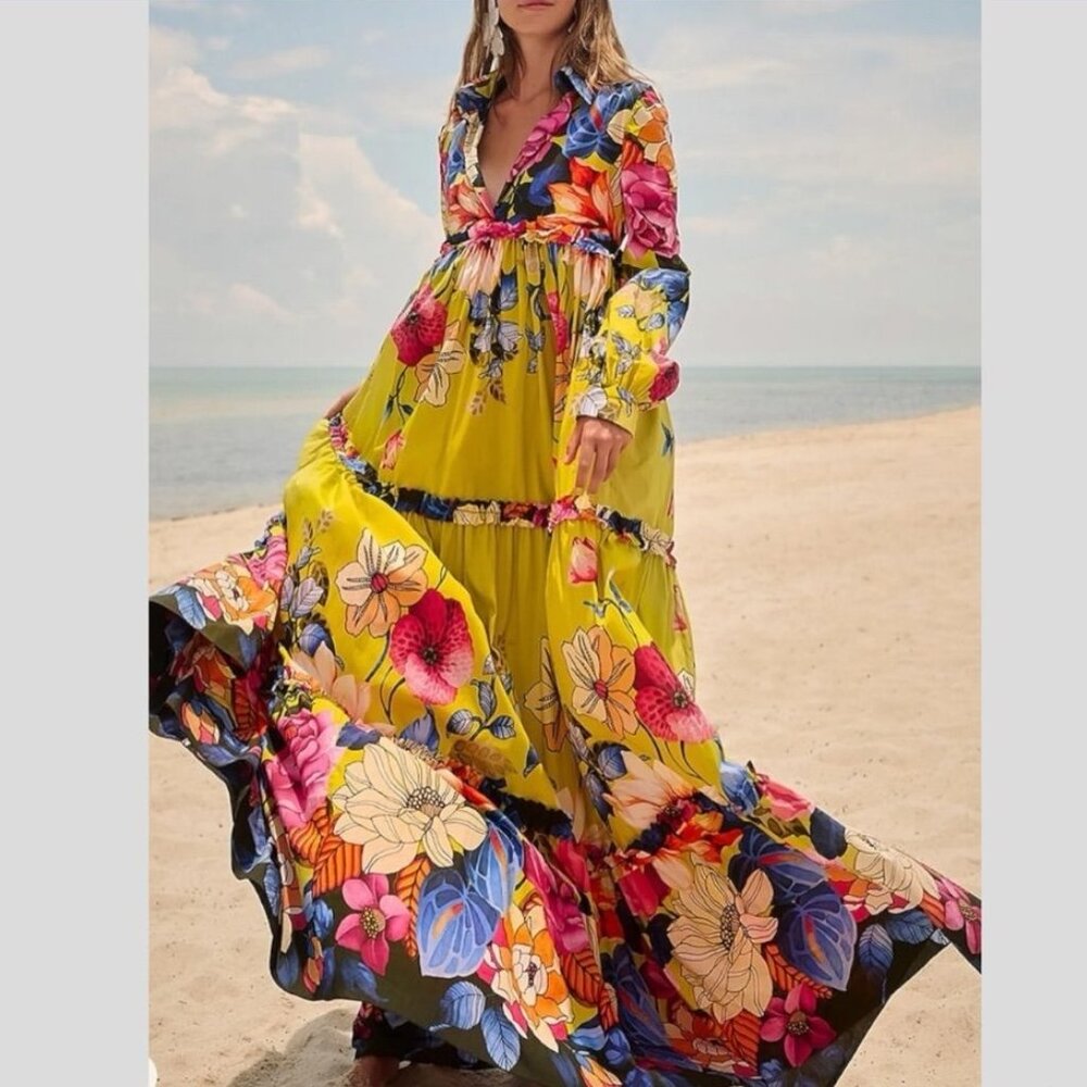 BOHEMIAN FLORAL RUFFLE MAXI DRESS NWT (Size S)